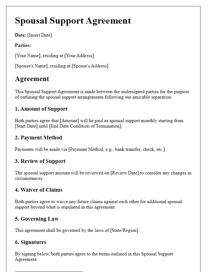 Letter template of spousal support agreement for amicable separation.