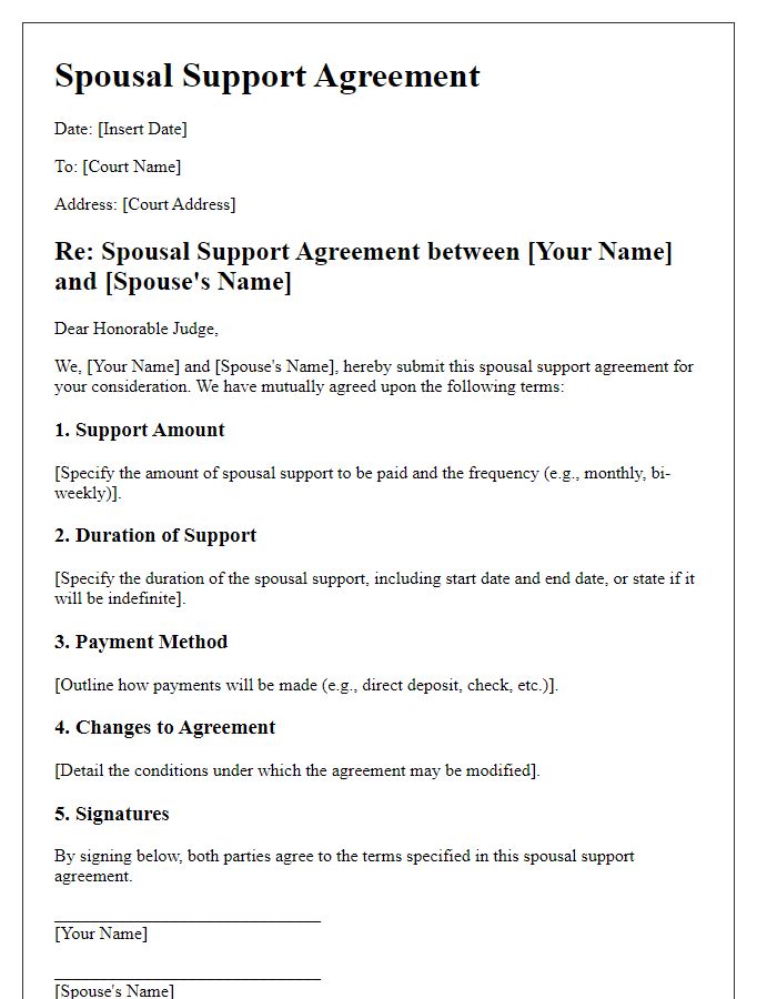 Letter template of spousal support agreement for court submission.