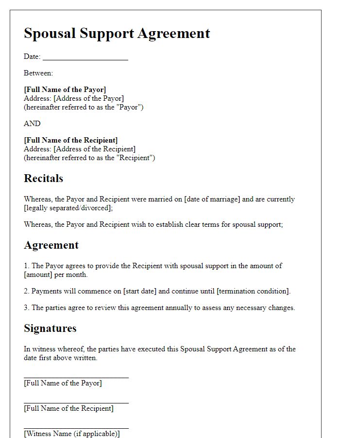 Letter template of spousal support agreement for legal documentation.