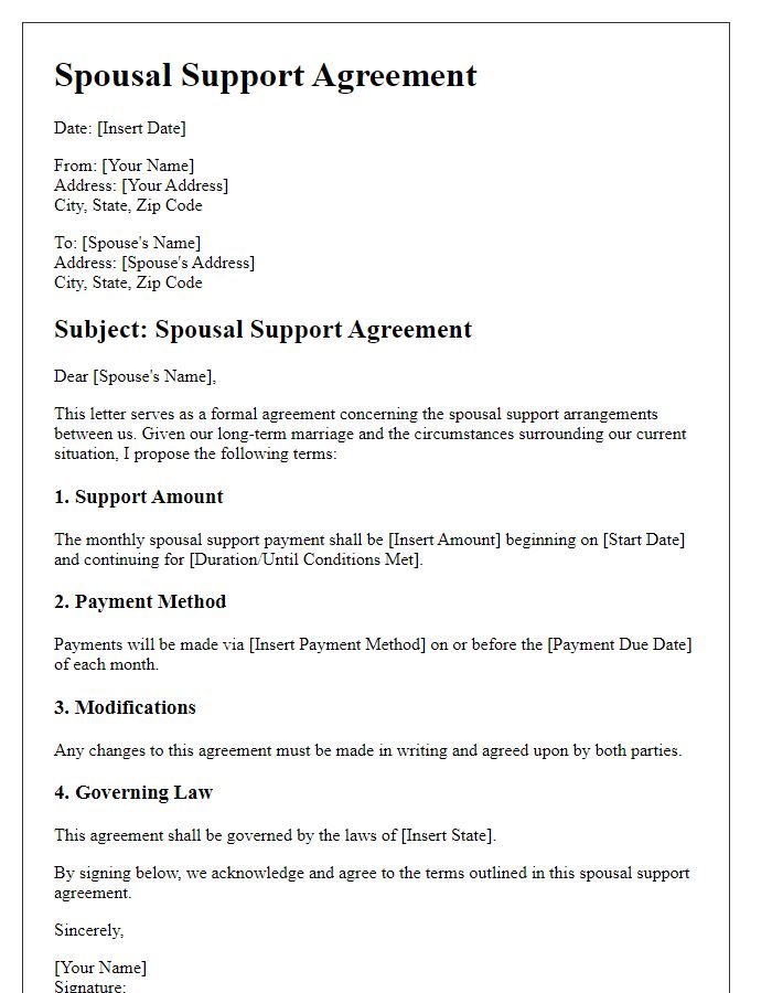 Letter template of spousal support agreement for long-term support considerations.