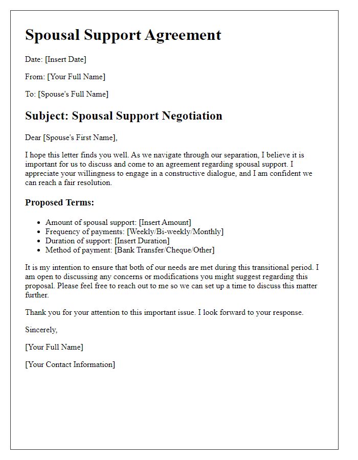 Letter template of spousal support agreement for negotiation purposes.