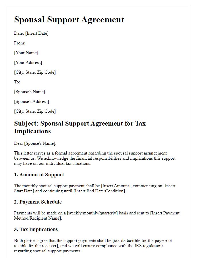 Letter template of spousal support agreement for tax implications.