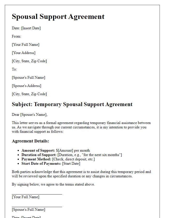 Letter template of spousal support agreement for temporary financial assistance.