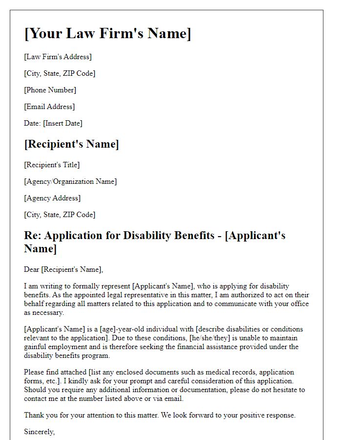 Letter template of elder law representation for disability benefits applications