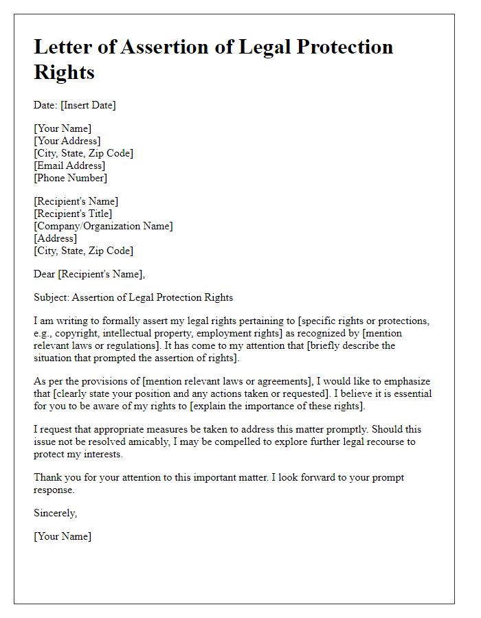 Letter template of legal protection rights assertion