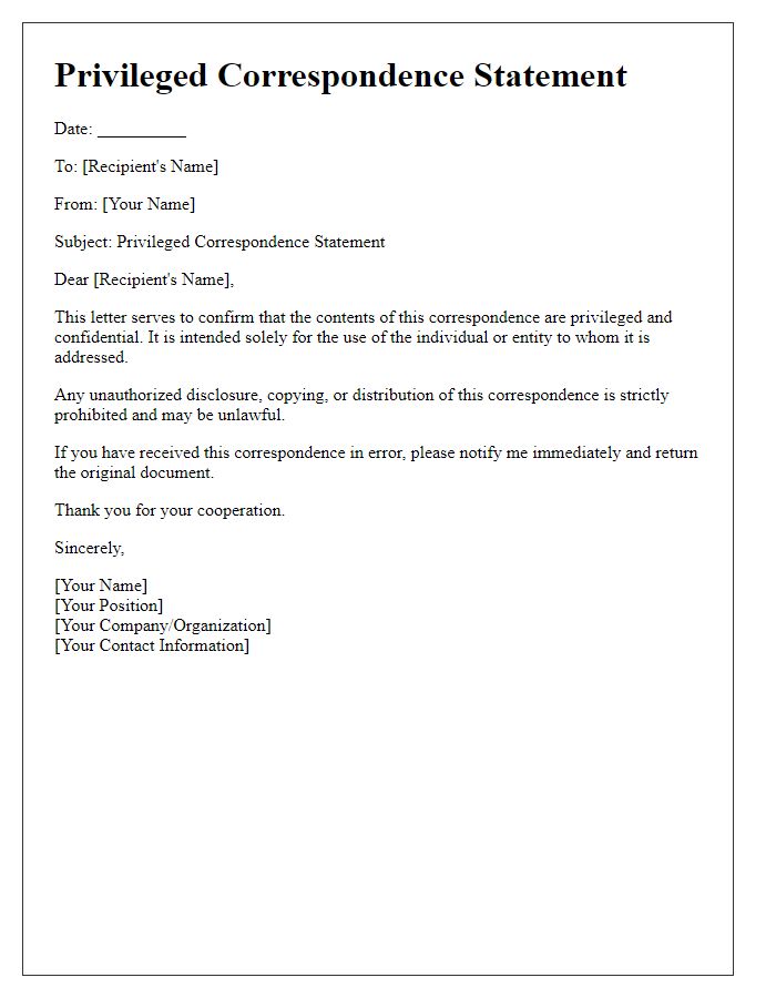 Letter template of privileged correspondence statement