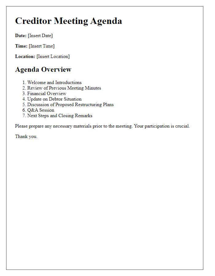 Letter template of creditor meeting agenda overview