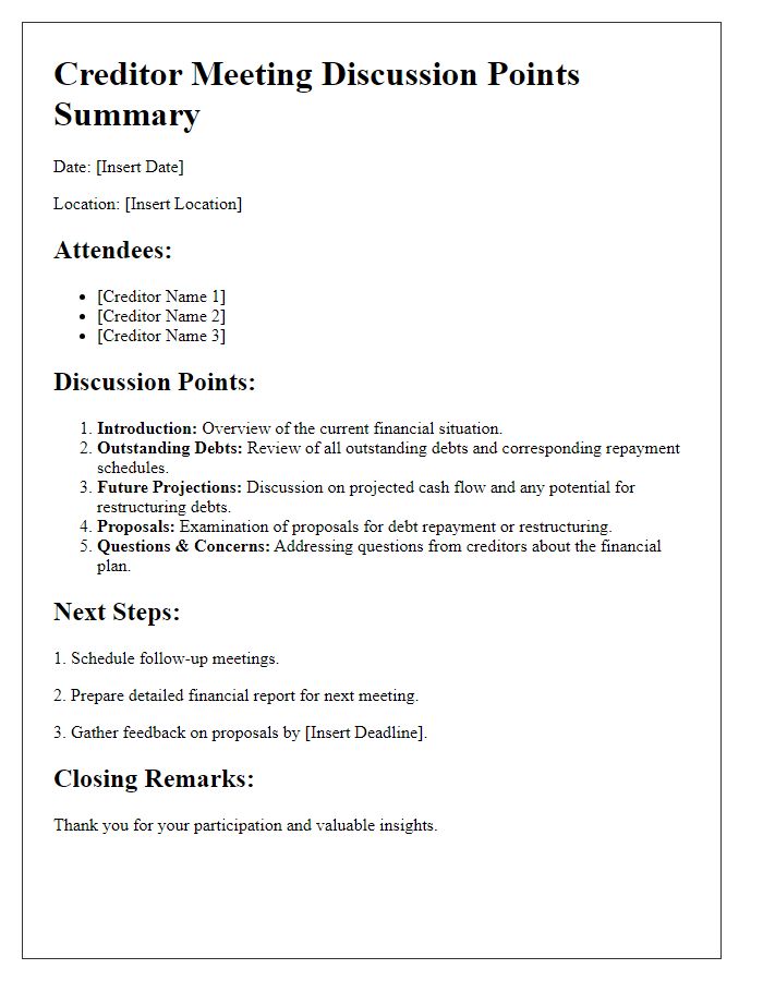 Letter template of creditor meeting discussion points summary