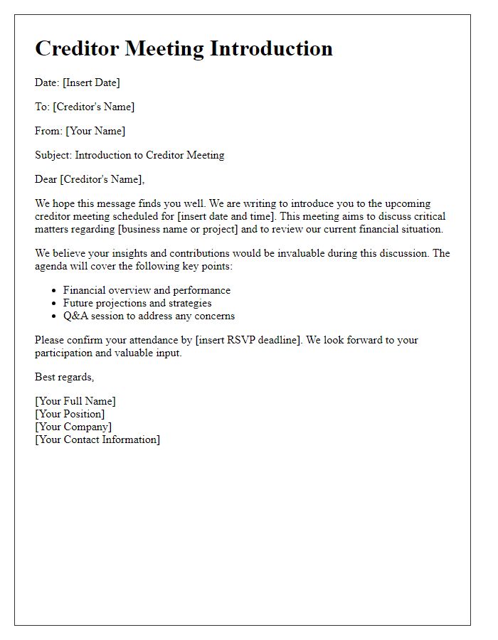 Letter template of creditor meeting introduction