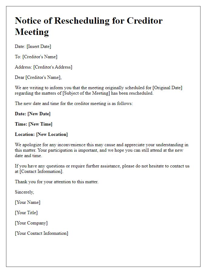 Letter template of creditor meeting rescheduling notice