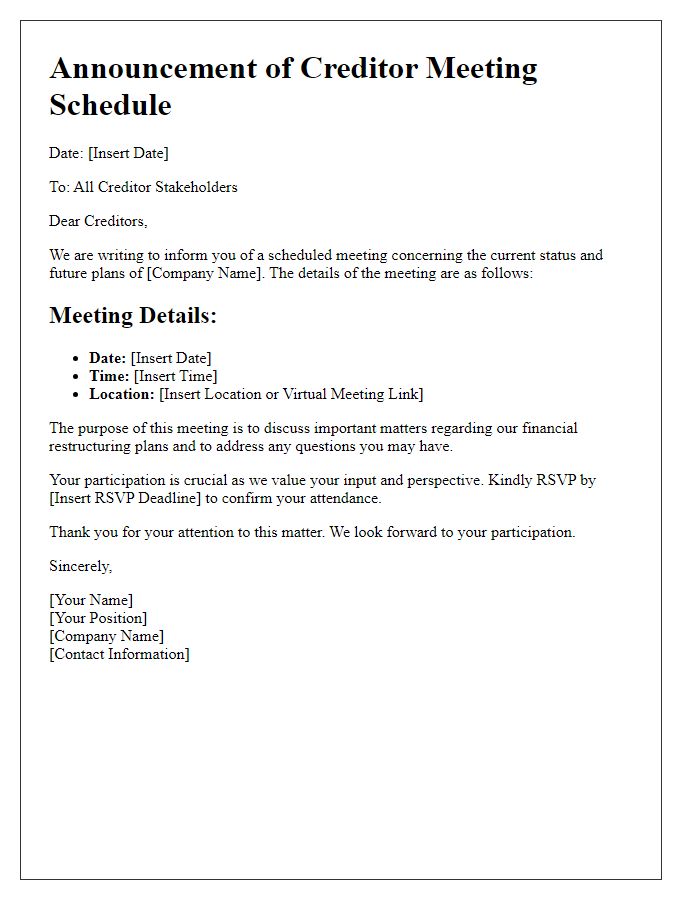 Letter template of creditor meeting schedule announcement