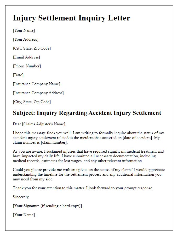 Letter template of accident injury settlement inquiry