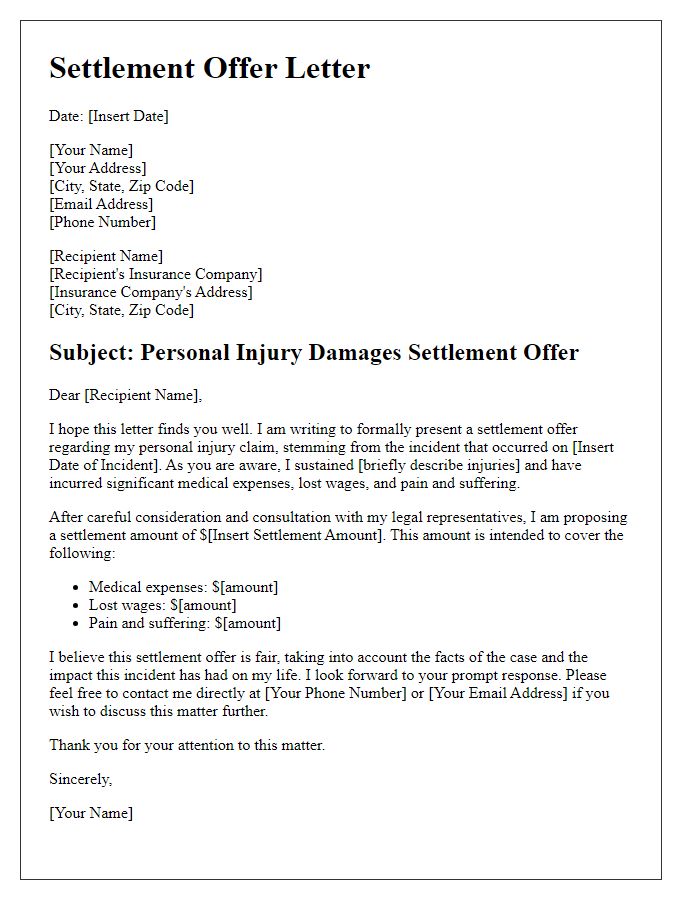 Letter template of personal injury damages settlement offer