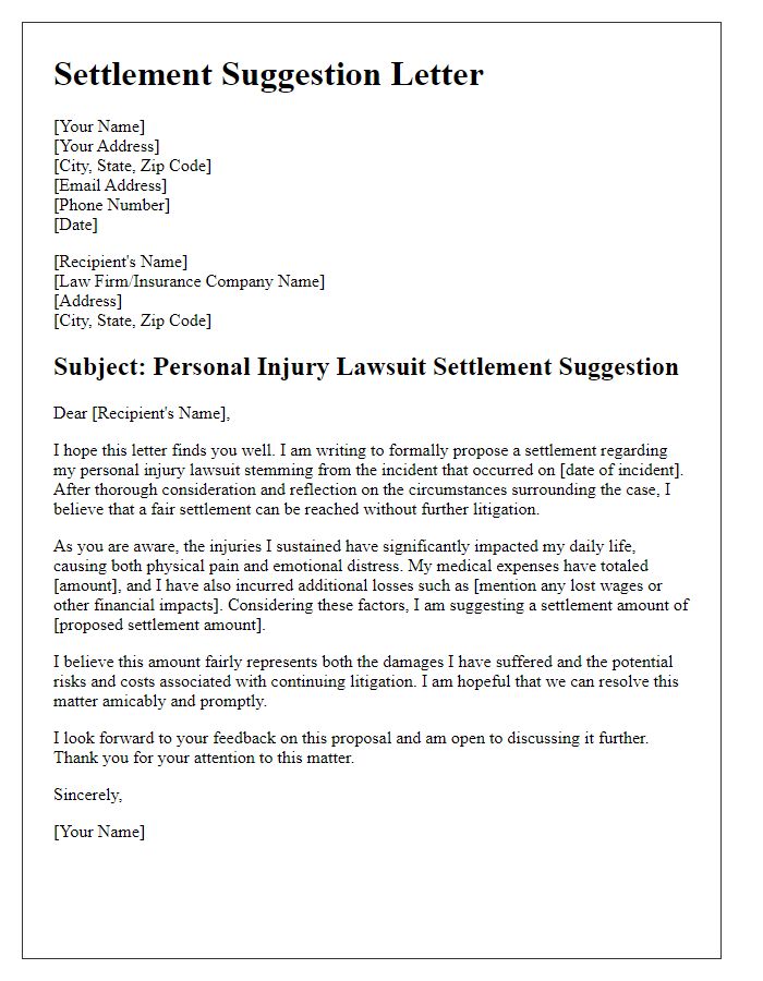 Letter template of personal injury lawsuit settlement suggestion