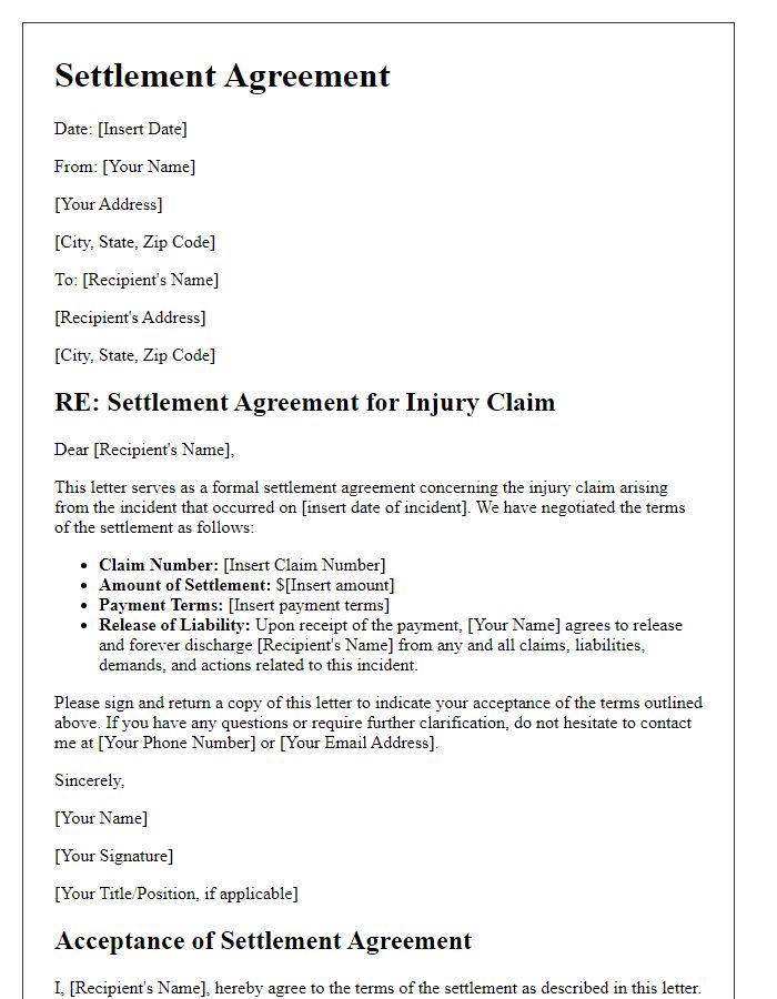 Letter template of settlement agreement for injury claim