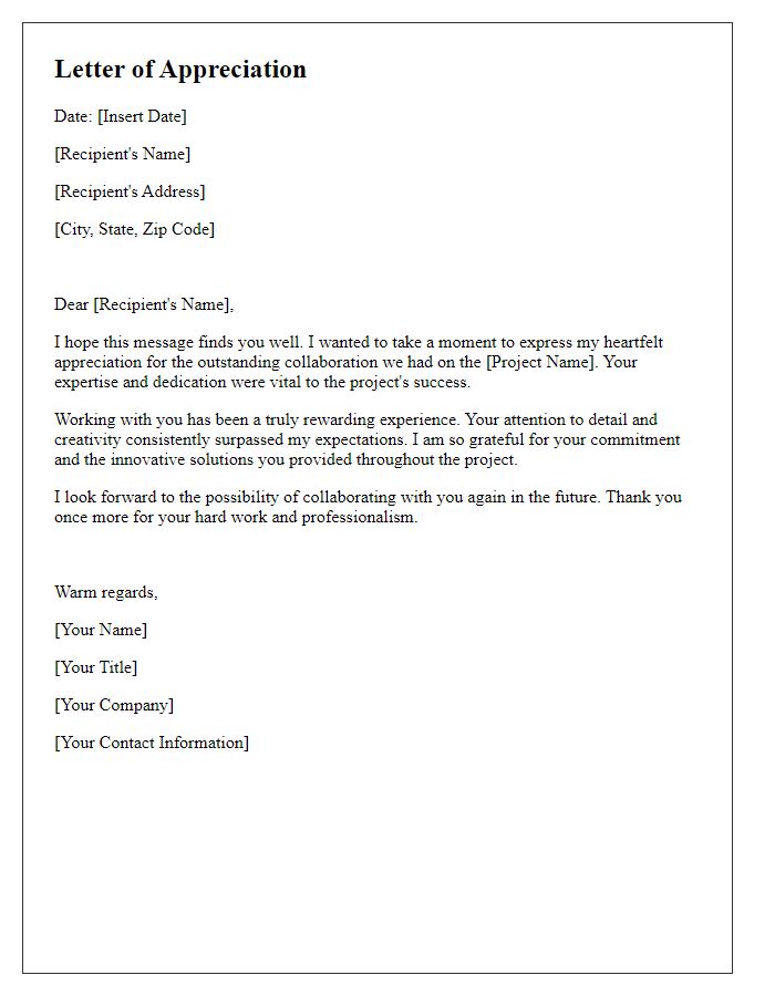 Letter template of appreciation for freelance project collaboration.