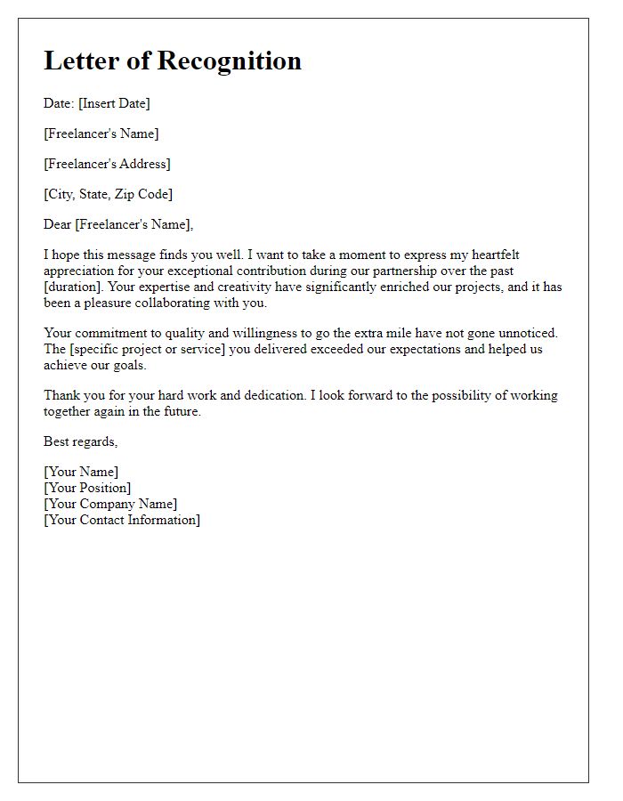 Letter template of recognition for a freelance client's partnership.