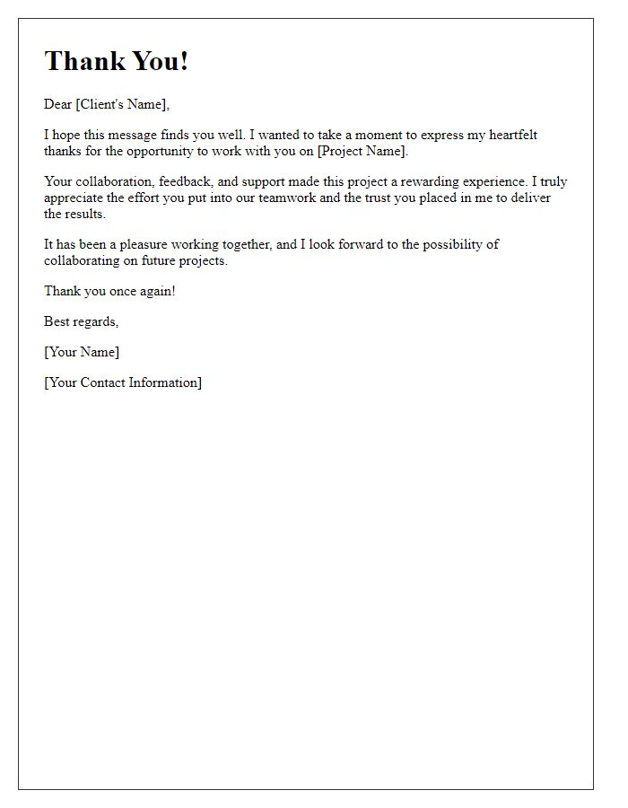 Letter template of thanks to a freelance client for successful teamwork.