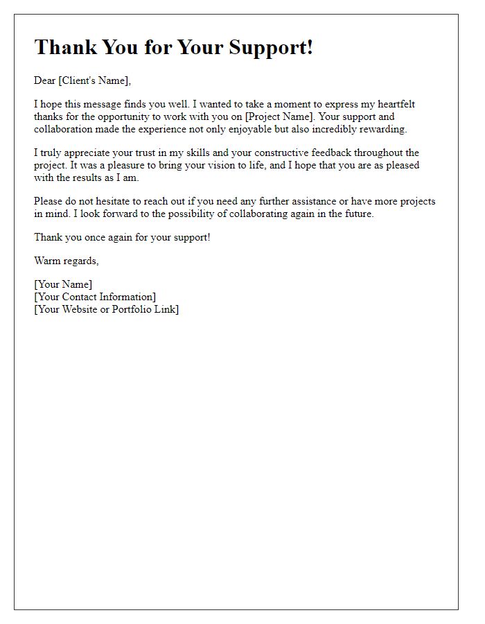 Letter template of thanks to a freelance client for their support.