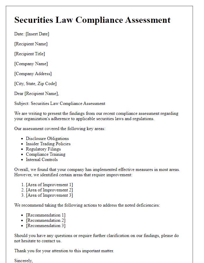 Letter template of securities law compliance assessment.