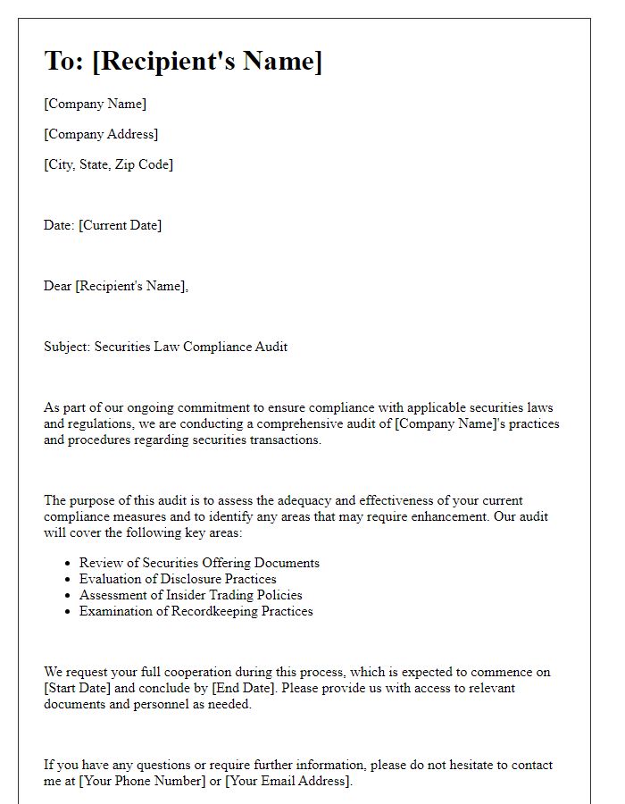 Letter template of securities law compliance audit.