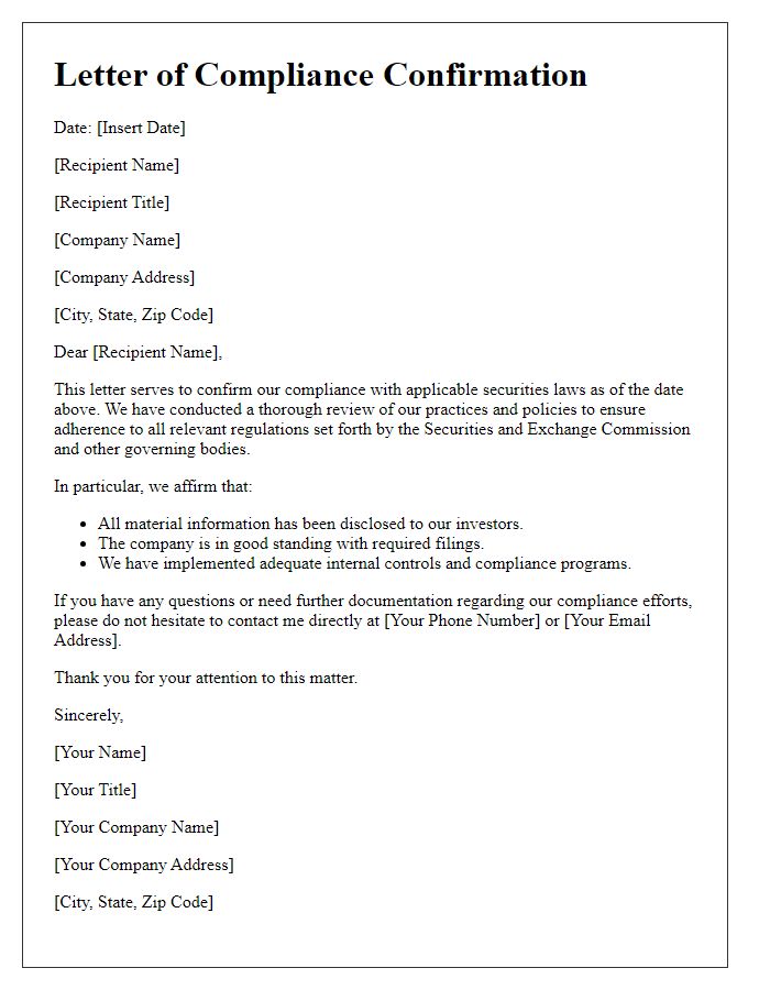 Letter template of securities law compliance confirmation.