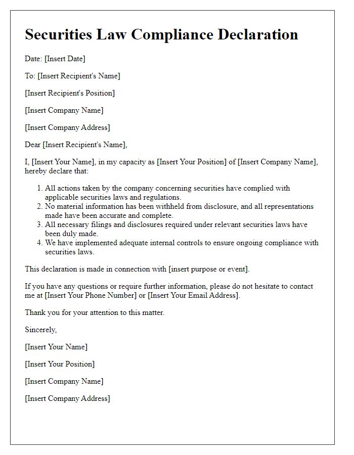 Letter template of securities law compliance declaration.