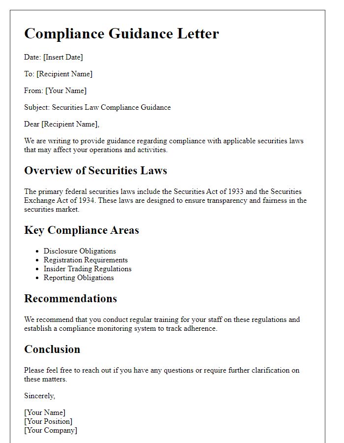 Letter template of securities law compliance guidance.