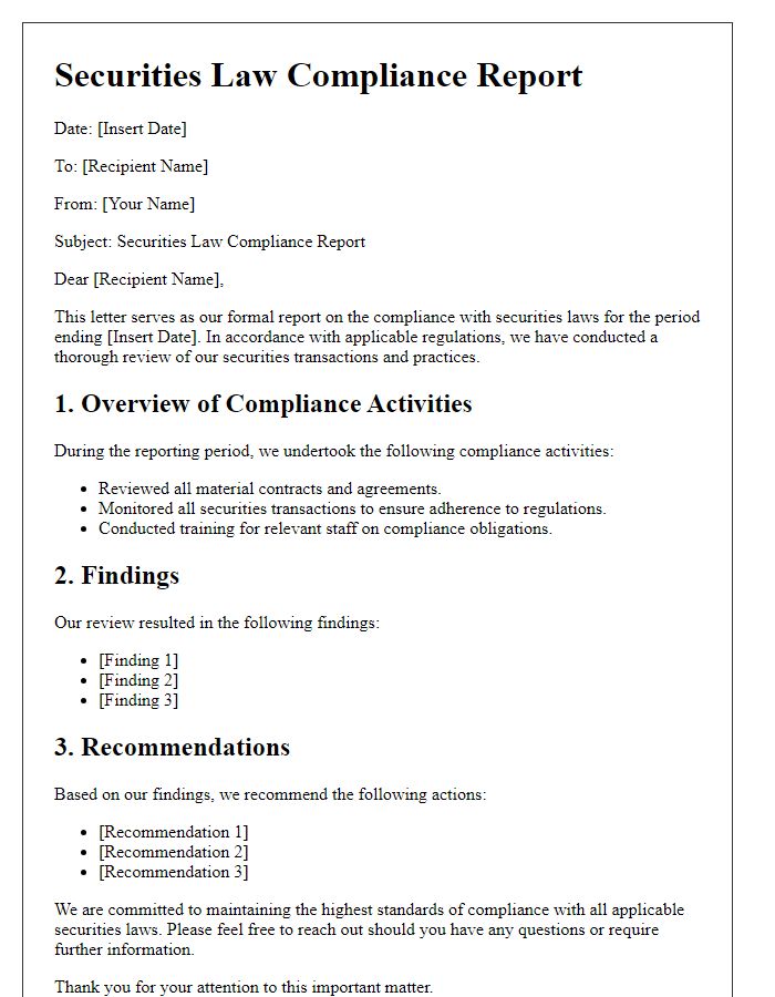 Letter template of securities law compliance report.