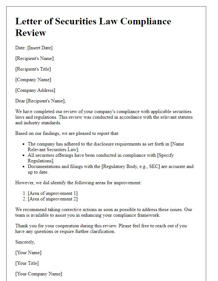 Letter template of securities law compliance review.