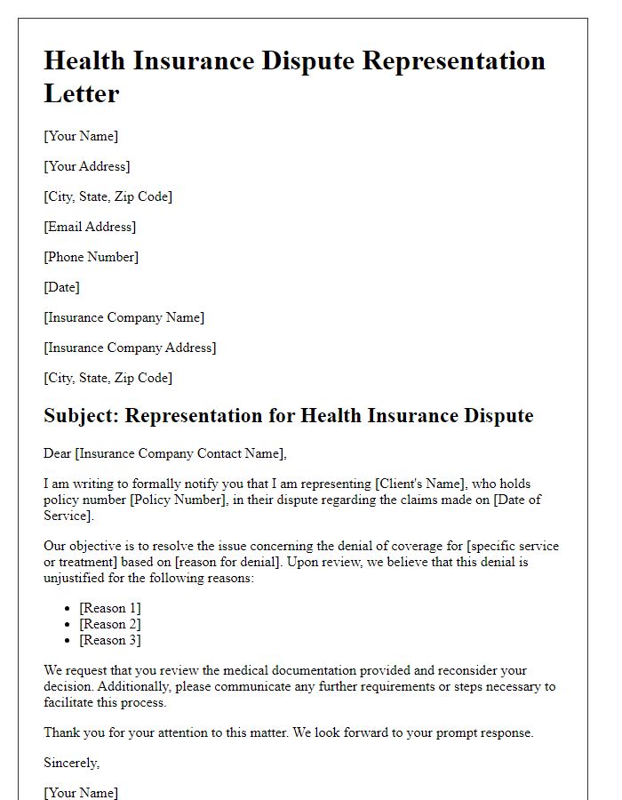 Letter template of health insurance dispute representation.