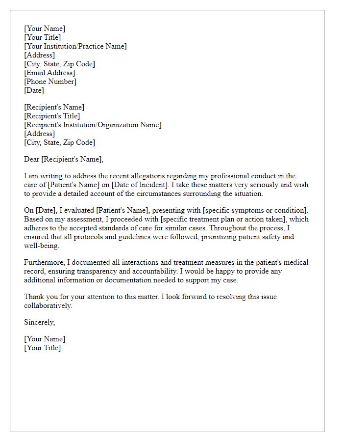 Letter template of healthcare professional defense.