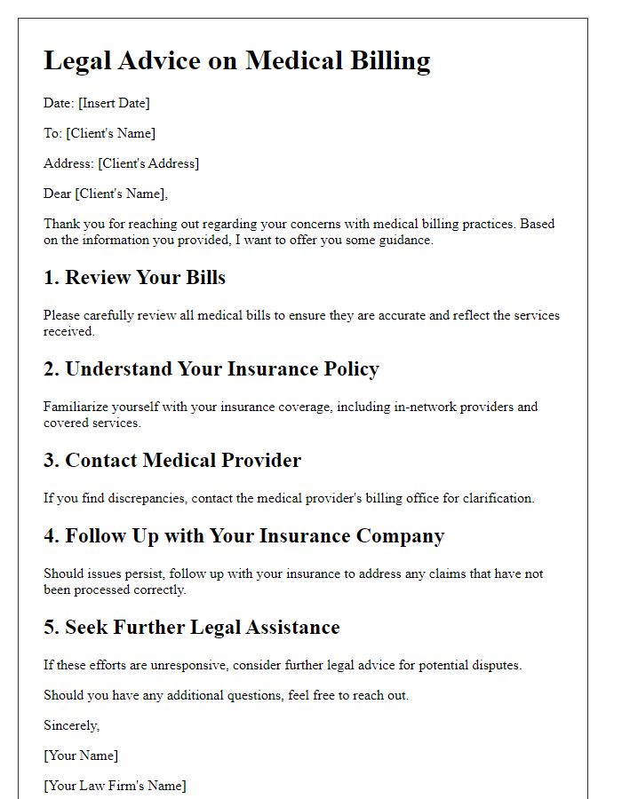 Letter template of medical billing legal advice.