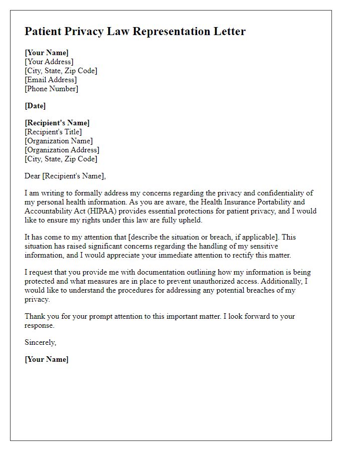 Letter template of patient privacy law representation.