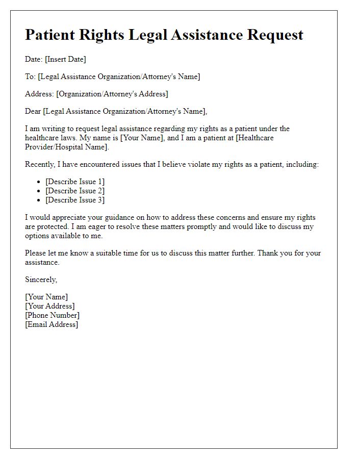 Letter template of patient rights legal assistance.