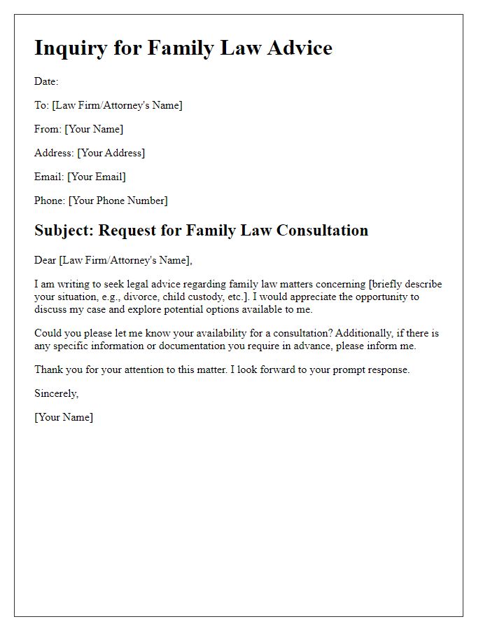 Letter template of family law advice inquiry