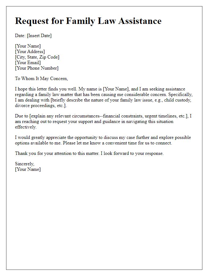 Letter template of family law assistance request