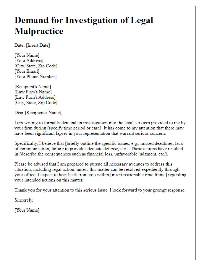 Letter template of legal malpractice demand for investigation