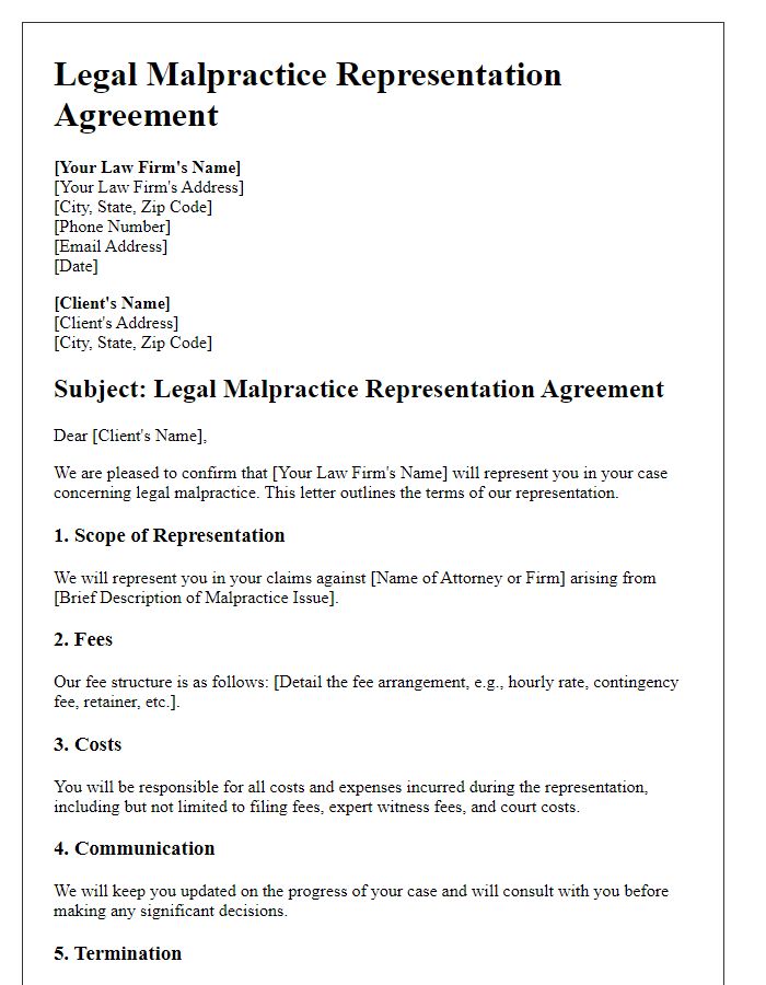 Letter template of legal malpractice representation agreement