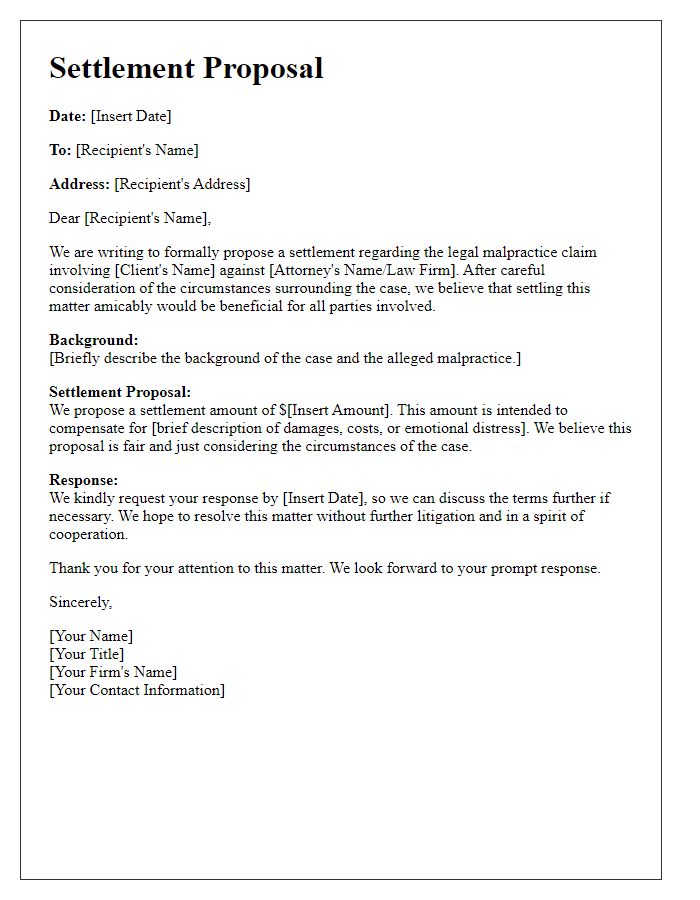 Letter template of legal malpractice settlement proposal