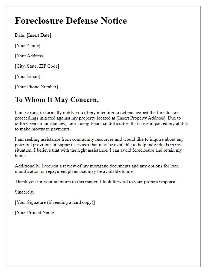 Letter template of foreclosure defense notice for community resources