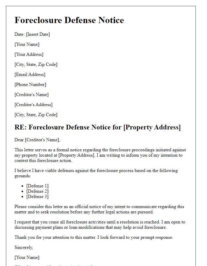 Letter template of foreclosure defense notice for creditor communication