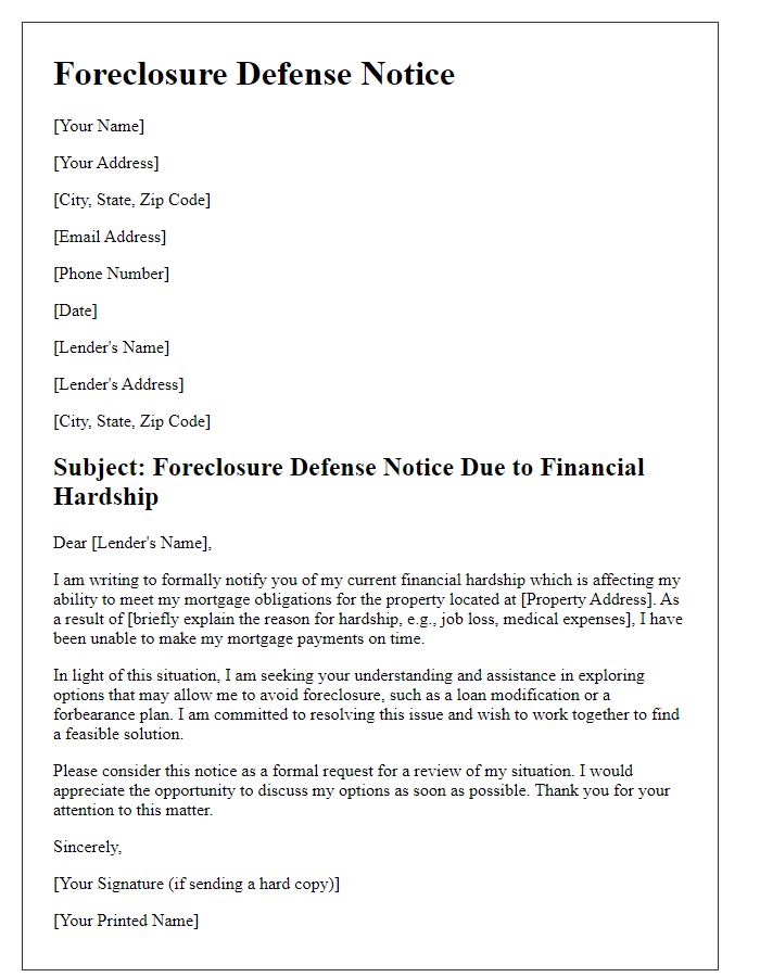 Letter template of foreclosure defense notice for financial hardship