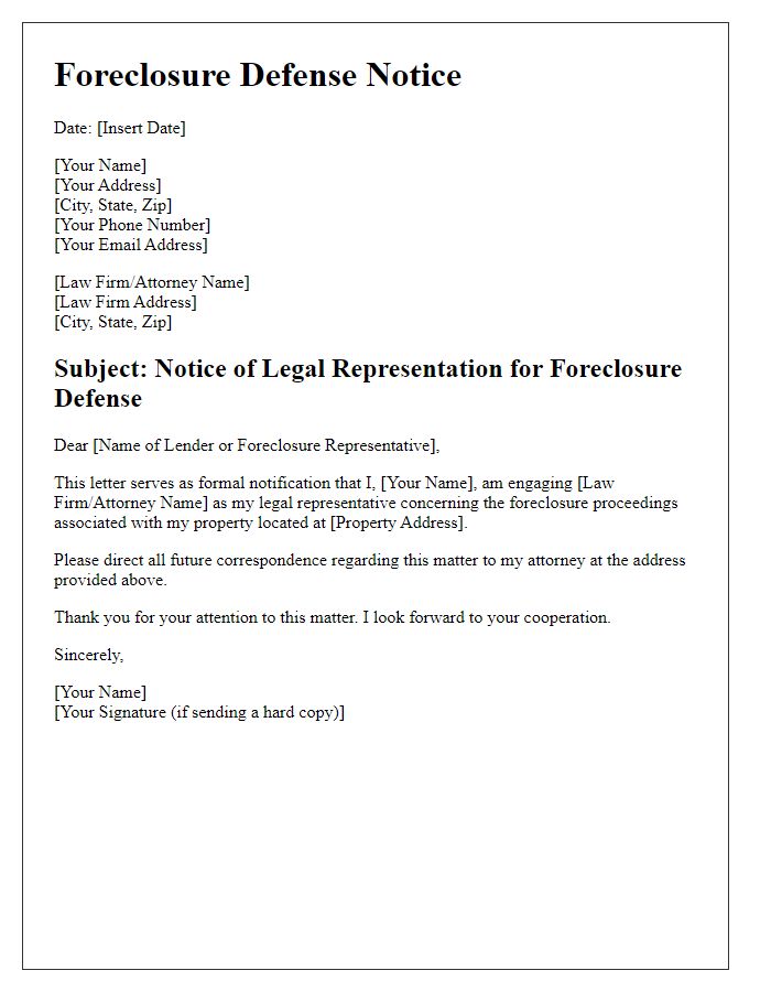 Letter template of foreclosure defense notice for legal representation