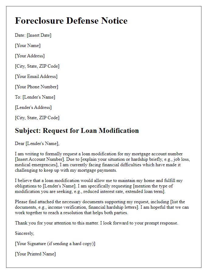 Letter template of foreclosure defense notice for loan modification request