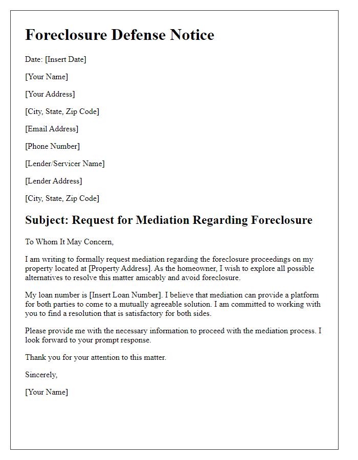 Letter template of foreclosure defense notice for mediation request