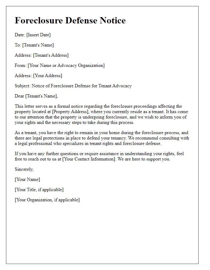 Letter template of foreclosure defense notice for tenant advocacy