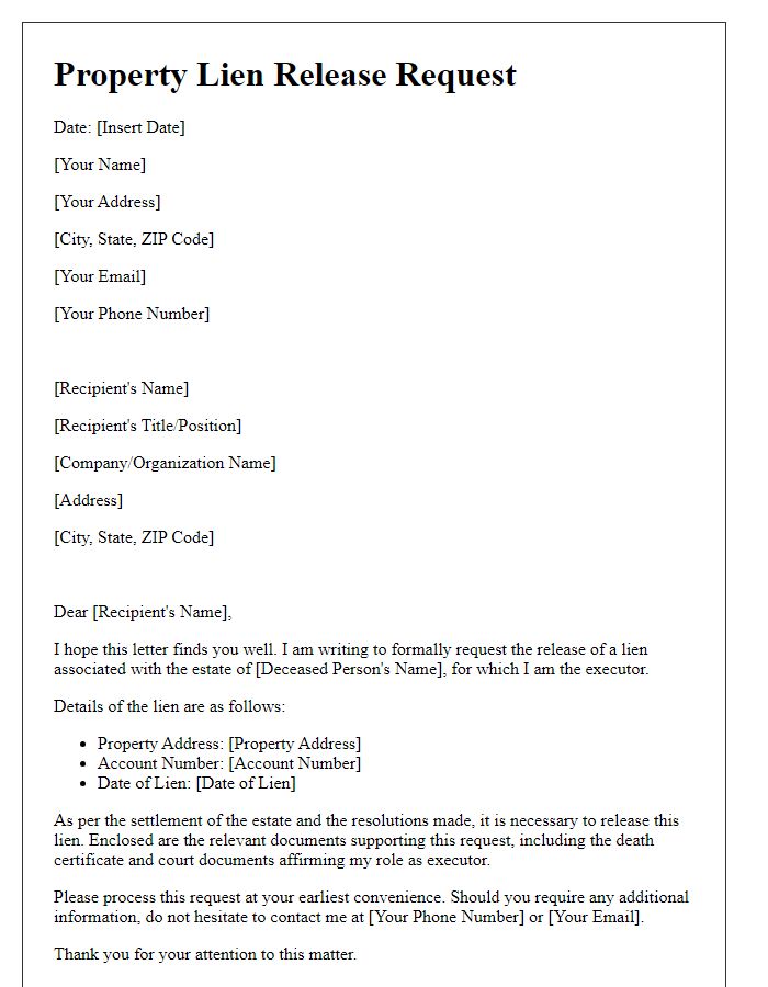 Letter template of Property Lien Release Request for Estate Executors