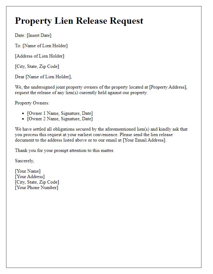 Letter template of Property Lien Release Request for Joint Property Owners