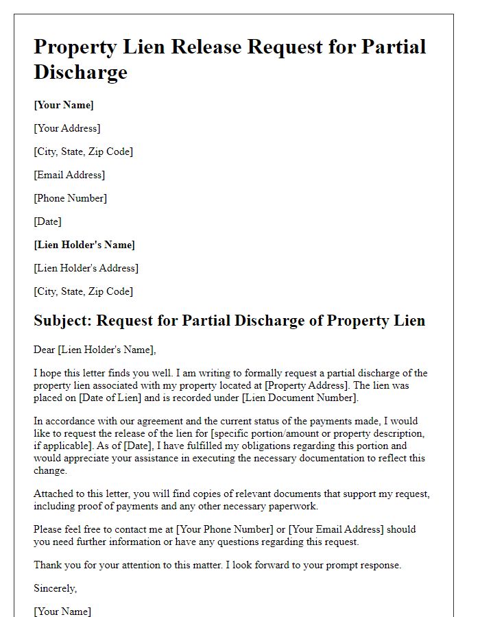 Letter template of Property Lien Release Request for Partial Discharge